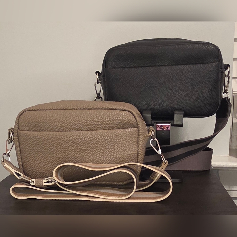 Set of 2 Vegan Leather Camera Crossbody Bags Black & Taupe Adjustable Straps - Picture 2 of 10